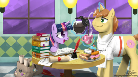 bag beverage book coffee dessert detailed_background doughnut duo female feral food fur hair horn inkwell keychain loose_feather male multicolored_hair nerd pastry pink_frosted_sprinkled_doughnut purple_body purple_fur purple_hair quill refill scroll sprinkles studying text toony two_tone_hair window john_joseco friendship_is_magic hasbro my_little_pony mythology derpy_hooves_(mlp) donut_joe_(mlp) princess_celestia_(mlp) twilight_sparkle_(mlp) equid equine mammal mythological_creature mythological_equine unicorn 16:9 2011 detailed hi_res url wallpaper widescreen