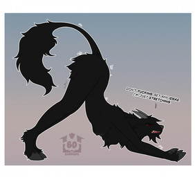2_horns anthro ass_up back_tuft biped black_body black_fur bold_text border breasts butt_tuft chest_tuft dialogue female female_anthro fur fur_tuft gradient_background grey_horn hooves horn logo looking_back medium_breasts narrowed_eyes nipples nude nude_anthro nude_female open_mouth outline red_eyes sharp_teeth side_view simple_background slim slim_anthro slim_female solo speech_marker stretching tail tail_tuft teeth text tuft unguligrade white_border white_outline barndog kulikt_(barndog) bovid caprine caprine_demon demon goat_demon mammal 2026 artist_logo artist_name digital_drawing_(artwork) digital_media_(artwork) english_text flat_colors hi_res