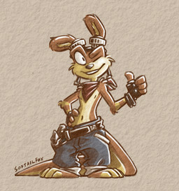 anthro belt big_ears big_eyes bottomwear clothed clothing denim denim_bottomwear denim_clothing eyewear fingerless_gloves fur gesture gloves goggles grin gun hand_gesture hand_on_hip handwear jeans kerchief long_tail male navel nipples one_eye_closed orange_body orange_fur pants pose ranged_weapon red_kerchief smile solo tail thumbs_up topless topless_anthro topless_male weapon wink yellow_body yellow_fur softailfox jak_and_daxter naughty_dog sony_corporation sony_interactive_entertainment daxter mammal mustelid ottsel