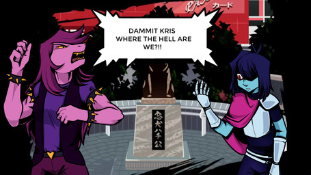 5_fingers anthro armband armor bracelet clothed clothing dialogue duo female fingers gloves hair handwear humor jewelry long_hair male parody purple_body purple_hair red_eyes screencap screencap_background sharp_teeth spiked_armband spiked_bracelet spikes teeth text text_box quietpool6 deltarune kris_where_are_we square_enix the_world_ends_with_you undertale_(series) kris_dreemurr susie_(deltarune) dinosaur human mammal prehistoric_species reptile scalie 16:9 2021 english_text hi_res meme widescreen