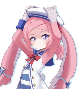 button_dress clothing dress female fur hair hand_on_head hat headgear headwear long_ears looking_at_viewer pattern_clothing pattern_dress pink_body pink_fur pink_hair ponytail purple_eyes rabbit_ears raised_arms red_ribbon sailor_cap sailor_collar sailor_uniform scut_tail short_ponytail short_tail simple_background solo striped_clothing striped_dress stripes tail uniform white_background roomie.parn 12tails rabbit_(12tails) animal_humanoid humanoid lagomorph lagomorph_humanoid mammal mammal_humanoid half-length_portrait hi_res portrait