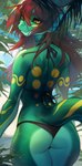 anthro beach bikini butt clothed clothing female green_body green_scales hair outside partially_clothed plant rear_view red_hair scales seaside skimpy solo standing swimwear tail tree two-piece_swimsuit yellow_eyes narwhal_iv mythology inkh dragon mythological_creature mythological_scalie scalie wingless_dragon absurd_res hi_res