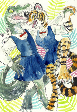 anthro bottomwear claws clothed clothing duo feet female fur green_body green_eyes green_scales hand_holding looking_at_viewer open_mouth orange_body scales school_uniform sharp_teeth skirt stripes tail teeth tongue topwear uniform yellow_eyes kyokyota alligator alligatorid crocodile crocodilian felid mammal pantherine reptile scalie tiger 2018 absurd_res hi_res painting_(artwork) traditional_media_(artwork) watercolor_(artwork)