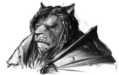 ambiguous_gender anthro armor beard facial_hair front_view hair mouth_closed pointy_ears snout solo whisker_spots deriaz hasbro magic:_the_gathering wizards_of_the_coast ajani_goldmane leonin 2014 bust_portrait digital_drawing_(artwork) digital_media_(artwork) greyscale monochrome portrait male_(lore)