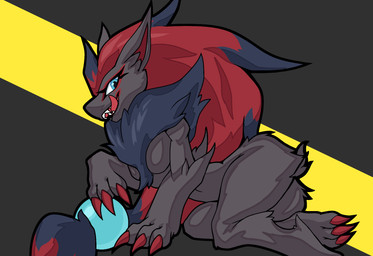 all_fours anthro biped blue_eyes breasts butt digitigrade fangs featureless_breasts female female_anthro fur grey_body grey_fur hair licking licking_lips licking_own_lips looking_at_viewer medium_breasts red_hair simple_background solo teeth thick_thighs tongue tongue_out duskguard nintendo pokemon generation_5_pokemon pokemon_(species) zoroark 2023 colored digital_media_(artwork) hi_res shaded