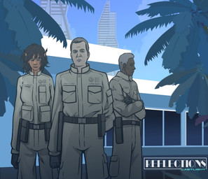 5_fingers battle belt_pouch breasts brown_hair city clothed clothing crossed_arms dark_body dark_skin female fingers front_view fully_clothed future grey_hair group hair light_body light_skin male medium_breasts military outside palm_tree plant sky slim_female soldier standing tan_body tan_skin tree trio warrior white_hair aleone animal_humanoid felid felid_humanoid feline feline_humanoid human humanoid mammal mammal_humanoid portrait three-quarter_portrait