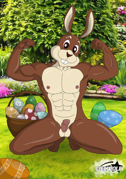 abs anthro balls biceps brow brown_body brown_eyes brown_fur brown_hair crouching easter_egg fur garden genitals hair holidays male muscular muscular_anthro muscular_arms muscular_male nipples nude nude_male outside pecs penis solo ciel-wolf easter easter_bunny lagomorph leporid mammal rabbit