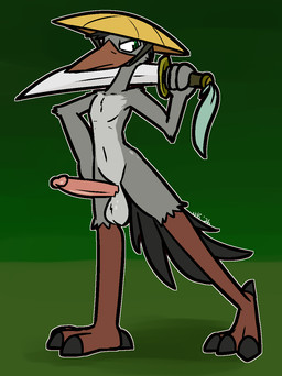 anthro asian_conical_hat balls beak big_balls big_penis black_body black_claws black_feathers claws clothing erection feathers feet genitals glans green_eyes green_pupils grey_balls grey_body grey_feathers hat hat_only headgear headgear_only headwear headwear_only holding_melee_weapon holding_object holding_sword holding_weapon humanoid_genitalia humanoid_penis looking_away male melee_weapon mostly_nude orange_beak penis pink_glans pink_penis pose pupils solo sword talons toe_claws toes weapon ultilix avian bird heron pelecaniform hi_res