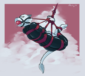 abstract_background anthro ball_gag barefoot bdsm bodily_fluids bodysuit bondage bound clothed clothing digitigrade drooling feet gag gagged gimp_suit glistening halter hands_behind_back harness harness_ball_gag harness_gag horn latex long_tail male muzzle_(object) muzzled restrained restraints rope rope_bondage saliva skinsuit solo submissive submissive_male suspension tail tight_clothing zipper peskybatfish cantola kobold reptile scalie 2019 digital_drawing_(artwork) digital_media_(artwork)