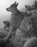 anthro arrow_(weapon) bow_(weapon) cliff cloak clothing duo egg fur male nest quiver_(object) ranged_weapon scar shocked weapon rukis ransom shivah canid canine canis coyote felid feline lynx mammal 2014 4:5 greyscale monochrome story story_in_description