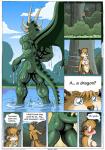 2015 anthro biceps blush bottomwear butt canid canine claws clothing comic detailed_background dialogue dragon duo english_text farin forest fox geminisaint hi_res hiding horn loincloth male mammal membrane_(anatomy) membranous_wings muscular mythological_creature mythological_scalie mythology nature nude partially_submerged plant rear_view river scalie sekk'ral spikes spikes_(anatomy) spines tail text tree tribal vein water wet wide_eyed wings