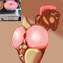 anthro backsack balls big_butt big_tail bodily_fluids butt butt_focus dessert doughnut eyeless food genital_fluids genitals humanoid_genitalia humanoid_penis male pastry penis precum presenting presenting_hindquarters sentient_food smile solo tail teeth text tongue tongue_out parazyte666 1:1 absurd_res hi_res meme