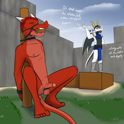 anthro armor bdsm biped bit_gag black_body black_hair black_scales black_sclera bound degradation dialogue duo embarrassed forced gag gagged genitals greaves hair half-erect horn humiliation male male/male nipples nude penis public public_humiliation public_nudity red_body red_hair red_scales sabatons scales slave testicle_cuff text white_body white_scales fuze mythology dragon kobold mythological_creature mythological_scalie scalie 1:1 english_text hi_res
