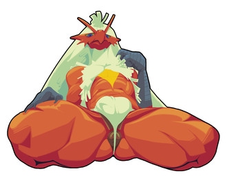 abs anthro anus blue_eyes bulge front_view looking_at_viewer male muscular muscular_male red_body simple_background smile solo spread_legs spreading underneath white_background poskapaints nintendo pokemon avian blaziken generation_3_pokemon pokemon_(species) 2026 hi_res
