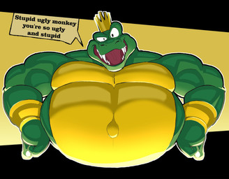 anthro belly bracelet dialogue front_view gold_(metal) gold_bracelet gold_crown gold_jewelry green_body green_scales insult jewelry male navel open_mouth overweight overweight_anthro overweight_male scales sharp_teeth solo speech_bubble teeth text cronolm donkey_kong_(series) nintendo king_k._rool crocodile crocodilian reptile scalie 2026 english_text hi_res shaded