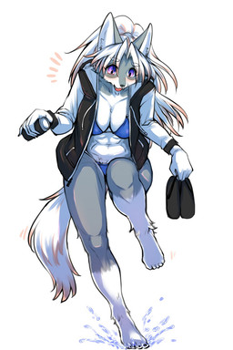 5_fingers 5_toes abs anthro barefoot bikini bottomwear breasts claws cleavage clothed clothing feet female female_anthro fingers flip_flops footwear fur grey_body grey_fur hair holding_clothing holding_footwear holding_object hoodie humanoid_feet jacket kemono long_hair looking_down midriff navel open_clothing open_jacket open_mouth open_topwear plantigrade purple_eyes sandals shoes simple_background smile solo splash string_bikini swimwear swimwear_under_clothing toe_claws toes topwear two-piece_swimsuit water white_body white_fur white_hair ookamiwaho okami_bark canid canine canis mammal wolf 2:3 digital_media_(artwork) hi_res