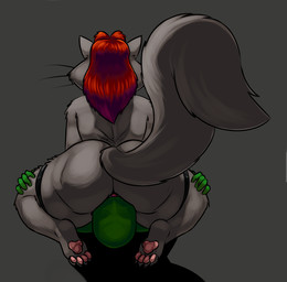 ambiguous_gender anthro big_butt butt duo facesitting female fluffy fluffy_tail fur grey_body grey_fur hair hand_on_hip hip_grab interspecies leg_grab long_tail open_mouth rear_view red_hair simple_background sitting_on_another tail thick_thighs thigh_grab tongue tongue_out whiskers wide_hips redout an_american_tail don_bluth miss_kitty_(an_american_tail) domestic_cat felid feline felis human mammal 2019
