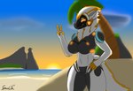 anthro armor beach breasts clothed clothing female fluffy fur gesture glowing hair hand_gesture machine protogen_armor protogen_face protogen_visor solo sunset tail tuft v_sign spaceg3n my_furry_protogen juno_(my_furry_protogen) protogen absurd_res hi_res