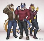 anthro clothed clothing electronics female footwear group jacket male phone pose selfie shoes tail topwear trio rawslaw5 european_mythology mythology godrelion_(character) dragon mythological_creature mythological_scalie scalie western_dragon hi_res