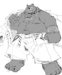 anthro belly big_belly bottomwear clothing kemono male overweight overweight_male pants scar simple_background solo bonbonbear tuokemao mihoyo zenless_zone_zero ben_bigger bear mammal 2022 hi_res monochrome