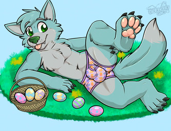 anthro balls_outline basket blep blue_body blue_ears blue_fur blue_hair blue_tail boxer_briefs boxer_briefs_only bulge claws clothed clothing colored_seam_underwear container cute_fangs detailed_bulge dipstick_tail easter_basket easter_egg fangs feet foot_focus fur genital_outline green_eyes green_nose grey_body grey_fur grey_tail hair holidays male male_anthro markings monotone_hair multicolored_body multicolored_fur pawpads pink_boxer_briefs pink_clothing pink_pawpads pink_underwear purple_seam_underwear raised_leg sheath_outline solo tail tail_markings teeth toe_claws tongue tongue_out topless topless_male two_tone_body two_tone_fur two_tone_tail underwear underwear_only gaokun easter donovan_dmc canid canine canis mammal wolf 2026 hi_res watermark
