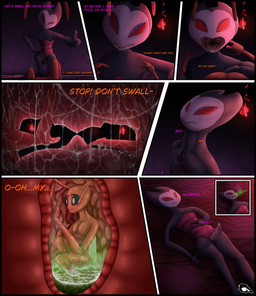 animal_genitalia antennae_(anatomy) anthro anthro_pred anthro_prey bodily_fluids brown_body dialogue digestion duo erection first_person_view fully_inside genital_slit genitals inside_stomach internal larger_male larger_pred logo male male/male male_anthro male_pred male_prey micro nude_anthro nude_male oral_vore penis prey_pov saliva size_difference smaller_male stomach_acid swallowing text unwilling_prey vore x-ray_view cravenexx hollow_knight_(franchise) team_cherry grimm_(hollow_knight) ant arthropod hymenopteran insect 2025 absurd_res artist_logo comic english_text hi_res