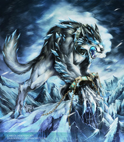4_fingers 4_toes ambiguous_gender biceps black_body black_fur black_lips black_nose blue_eyes bound chain chained claws cloud collar deltoids detailed_background detailed_fur digitigrade fangs featureless_crotch feet feral fingers forearm_muscles fur glowing glowing_eyes ice leaning leaning_forward lips male mountain multicolored_body multicolored_fur muscular muscular_male night open_mouth outside runes snarling snow solo teeth text toes tongue triceps two_tone_body two_tone_fur white_body white_fur wind chaos-draco european_mythology mythology norse_mythology fenrir_(mythology) canid canine canis jotunn mammal wolf 2012 artist_name detailed digital_media_(artwork) english_text shaded soft_shading url