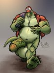 anthro balls belly big_balls big_belly big_penis circumcised clothing genitals hand_on_belly hat headgear headwear male mature_male musclegut muscular muscular_male overweight overweight_male penis solo wolfsecret crocodile crocodilian reptile scalie hi_res