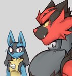 ambiguous_gender black_body black_fur blue_body blue_fur blush bodily_fluids duo fur grey_background looking_at_chest male muscular muscular_male pecs red_body red_eyes red_fur simple_background sweat loppifi girl_staring_at_man's_chest nintendo pokemon canid canine felid feline generation_4_pokemon generation_7_pokemon incineroar lucario mammal pokemon_(species) absurd_res digital_drawing_(artwork) digital_media_(artwork) hi_res meme