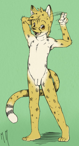 anthro balls flaccid foreskin genitals looking_at_viewer male nude open_mouth penis smile solo tail unretracted_foreskin young young_anthro young_male arkaid mcmeow cheetah felid feline lagomorph mammal source_request