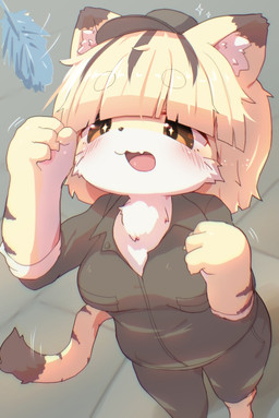 anthro black_ear_tips blonde_hair blush bottomwear breasts brown_body brown_bottomwear brown_clothing brown_fur brown_hair brown_highlights brown_pants brown_shirt brown_topwear cat_toy cheek_tuft circle_eyebrows claws clothing dipstick_ears dipstick_tail ear_markings eyebrow_through_hair eyebrows facial_tuft female flesh_fang floor fluffy fur grey_background hair hat headgear headwear highlights_(coloring) inner_ear_fluff kemono looking_up markings multicolored_ears neck_tuft open_mouth pants pawpads shirt simple_background solo sparkles stripes tail tail_markings tail_motion tailwag tile tile_floor tongue topwear translucent translucent_hair tuft whiskers yellow_body yellow_eyes yellow_fur xanadu_corona felid mammal pantherine tiger absurd_res hi_res