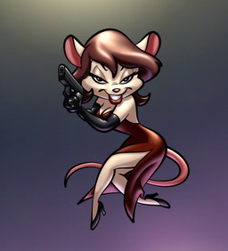 anthro armwear clothing dress elbow_gloves female footwear gloves gun handwear high_heels lipstick looking_at_viewer makeup narrowed_eyes ranged_weapon red_clothing red_dress shoes solo strapless_clothing strapless_dress weapon stanmort mousey_galore mammal mouse murid murine rodent hi_res