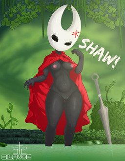 angry anthro biped black_body black_eyes bottomless breasts cloak clothed clothing cross-popping_vein female forest genitals innie_vulva looking_at_viewer mask melee_weapon navel nippel plant red_clothing rock solo standing sword text tree vulva water weapon silavos hollow_knight:_silksong hollow_knight_(franchise) team_cherry hornet_(hollow_knight) arthropod insect hi_res watermark