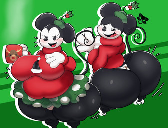 anthro big_butt black_body blush bottomwear breasts butt christmas_clothing clothing container cup female holidays skirt solo sweater tail thong topwear underwear crowundeadcat christmas disney minnie_mouse mammal mouse murid murine rodent