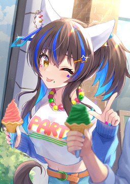 accessory ambiguous_gender belt blue_bottomwear blue_clothing blue_pants blush bottomwear breasts brown_hair clothing collar colored_nails crop_top dessert ear_piercing ear_ring female food glistening_accessory hair hair_accessory hair_between_eyes humanoid_focus ice_cream medium_breasts nails navel one_eye_closed pants piercing ponytail ring_piercing shirt side_ponytail star tail tongue tongue_out topwear white_clothing white_crop_top white_ears white_topwear yellow_eyes ugurax cygames uma_musume_pretty_derby daitaku_helios_(pretty_derby) animal_humanoid equid equid_humanoid equine equine_humanoid horse_humanoid humanoid mammal mammal_humanoid hi_res