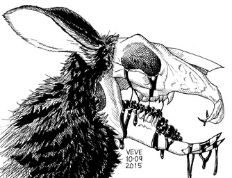 ambiguous_fluids ambiguous_form ambiguous_gender bone bubble long_ears sharp_teeth side_view skull skull_head solo teeth skyelegs 2015 black_and_white dated monochrome signature