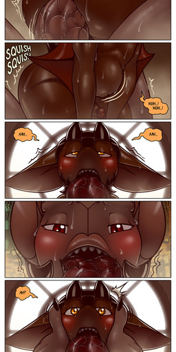 abdominal_bulge anal anthro bodily_fluids dialogue duo first_person_view french_kissing gynomorph intersex intersex/male kissing male size_difference size_play sweat text james_howard patreon subscribestar aamon_(james_howard) tina_(james_howard) bat demon mammal absurd_res comic hi_res url