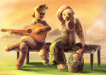 acoustic_guitar anthro anthrofied basket bench blonde_hair blush breasts clothing container cowboy_hat duo eyelashes feathered_wings feathers female flower freckles fur green_eyes guitar hair hat headgear headwear musical_instrument on_bench open_mouth orange_body orange_fur pink_hair plant playing_guitar playing_music plucked_string_instrument romantic romantic_ambiance romantic_couple sitting smile string_instrument sunset teal_eyes wings yellow_body yellow_feathers yellow_fur audrarius friendship_is_magic hasbro my_little_pony mythology applejack_(mlp) fluttershy_(mlp) earth_pony equid equine horse mammal mythological_creature mythological_equine pegasus pony 2014 digital_media_(artwork) hi_res