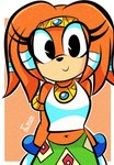 anthro bare_shoulders black_eyes black_nose border bracelet breasts clothing collar eyelashes female fur hair jewelry looking_at_viewer midriff navel orange_background orange_body orange_fur orange_hair outline shirt simple_background smile solo standing topwear white_border white_clothing white_outline white_shirt white_topwear diego_mejia sega sonic_adventure sonic_the_hedgehog_(series) tikal_the_echidna echidna mammal monotreme