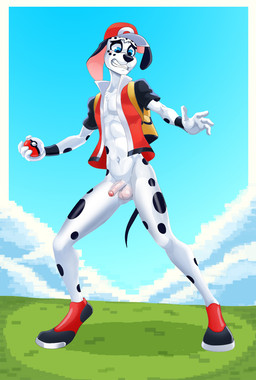 abs aged_up anthro anthrofied athletic athletic_male balls blush bottomless bottomless_anthro bottomless_male clothed clothing embarrassed footwear foreskin fur genitals half-erect hat headgear headwear holding_object holding_pokeball humanoid_genitalia humanoid_penis male navel nude open_clothing open_topwear outside partially_retracted_foreskin penis pokeball shoes solo standard_pokeball standing tail topwear dal101strefan 101_dalmatian_street 101_dalmatians disney nintendo pokemon dawkins_(101_dalmatians) canid canine canis dalmatian domestic_dog mammal digital_media_(artwork) hi_res