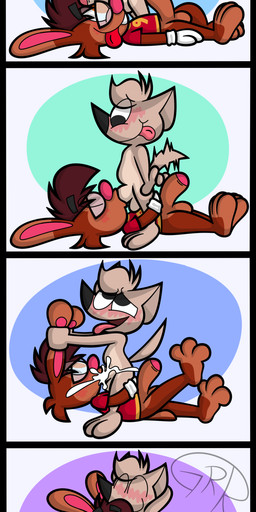 3_toes 4_fingers ahegao anthro balls blush bodily_fluids cartoon_gloves clothing cum cum_in_mouth cum_inside duo ear_pull eyewear feet fingers genital_fluids genitals glans glasses humanoid_genitalia humanoid_penis looking_pleasured lying male male/male on_back open_mouth penis penis_in_mouth pink_tongue red_tongue shirt tail tail_motion tailwag toes tongue tongue_out toony topwear wearing_glasses conditional_dnp sr-g g-huahua_(sr-g) roderick_(tamerkoh) canid canine canis chihuahua domestic_dog lagomorph leporid mammal rabbit toy_dog comic hi_res