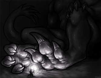 3_toes ambiguous_gender anthro backpack claws duo feet foot_focus muscular size_difference tail toes torch zlvuxx scalie 2021 restricted_palette