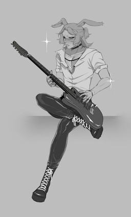 boots bottomwear choker clothing collar collared_shirt denim denim_bottomwear denim_clothing electric_guitar eyelashes fishnet_clothing fishnet_topwear footwear guitar hair hair_bun half-closed_eyes jeans jewelry male musical_instrument narrowed_eyes necklace pants plucked_string_instrument shirt shoes simple_background solo string_instrument topwear jimnsei animal_humanoid humanoid lagomorph lagomorph_humanoid leporid leporid_humanoid mammal mammal_humanoid rabbit rabbit_humanoid absurd_res black_and_white hi_res monochrome andromorph_(lore) trans_(lore) trans_man_(lore)