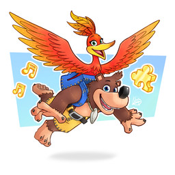3_toes 4_fingers anthro beak belt black_nose blue_eyes bottomwear brown_body brown_fur clothed clothed_anthro clothed_male clothing feathers feet fingers flying fur green_eyes jewelry jiggy light male necklace open_mouth red_body red_feathers shorts simple_background toes wings yellow_bottomwear yellow_clothing yellow_shorts luigil banjo-kazooie nintendo rareware banjo_(banjo-kazooie) kazooie avian bear bird breegull brown_bear mammal ursine 1:1 2015 colored digital_drawing_(artwork) digital_media_(artwork) hi_res lighting shaded