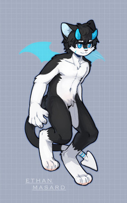 anthro arm_tuft black_body black_fur black_hair blue_eyes blue_horn blue_stripes blue_wings cheek_tuft chest_tuft crotch_tuft elbow_tuft eyebrow_through_hair eyebrows facial_tuft featureless_crotch fur glistening glistening_eyes hair horn leg_markings male markings mouth_closed nude short_hair shoulder_tuft simple_background socks_(marking) solo spade_tail striped_body striped_fur striped_markings striped_tail stripes tail tail_markings three-quarter_view translucent translucent_hair translucent_wings tuft unsigned white_body white_fur wings asnnonaka ethan_(asnnonaka) domestic_cat felid feline felis mammal 5:8 full-length_portrait hi_res portrait