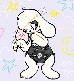 alternative_fashion ambiguous_gender anthro blue_eyes blush claws clean_diaper clothed clothing diaper emo_haircut floppy_ears fur goth hair one_eye_obstructed pattern_diaper paws scene_haircut simple_background smile solo spikes standing star teeth wearing_diaper whiskers white_body white_fur young young_anthro freudcore lagomorph leporid mammal rabbit 2024 digital_media_(artwork) low_res male_(lore)