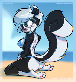 anthro arm_tuft autobot_insignia back-tie_bikini beach big_butt big_tail bikini biped black_body black_fur blue_bikini blue_clothing blue_swimwear blurred_background border breasts butt closed_smile clothed clothed_anthro clothed_female clothing day eyebrows eyelashes eyewear feet female female_anthro fur glasses gloves_(marking) hair horizon kneeling leg_markings looking_at_viewer looking_back looking_back_at_viewer markings mouth_closed multicolored_body multicolored_fur outside plantar_flexion pose pupils seaside shoulder_tuft side_boob sitting skunk_tail smile snout socks_(marking) solo striped_body striped_fur striped_markings striped_tail stripes swimwear tail tail_markings text toony tuft two-piece_swimsuit two_tone_body two_tone_fur wariza wearing_glasses white_body white_border white_fur white_hair psicoyote sabrina_online sabrina_(sabrina_online) mammal mephitid skunk 2026 artist_name digital_drawing_(artwork) digital_media_(artwork) hi_res pinup