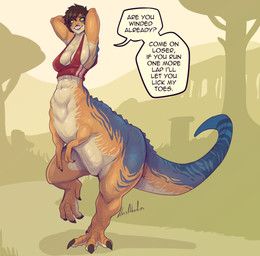 claws clothed clothed_female clothed_taur clothing female fingers front_view hair looking_at_viewer muscular muscular_female outside scales short_hair smile solo standing tail teeth text tomboy lluisabadias dinosaur humanoid_taur prehistoric_species reptile saurischian scalie taur theropod tyrannosaurid tyrannosauroid tyrannosaurus tyrannosaurus_rex 2026 absurd_res digital_drawing_(artwork) digital_media_(artwork) english_text hi_res