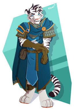 anthro brown_clothing brown_gloves brown_handwear clothing gloves handwear male shirt shoulder_pads solo topwear tunic white_body kael_tiger felid mammal pantherine tiger hi_res