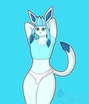 anthro bulge clothed clothing crop_top femboy green_eyes hands_behind_head long_ears male navel panties panties_bulge penis_in_panties pink_clothing pink_panties pink_underwear shirt solo tail topwear underwear wide_hips onesaucydragon nintendo pokemon eeveelution generation_4_pokemon glaceon pokemon_(species) absurd_res hi_res